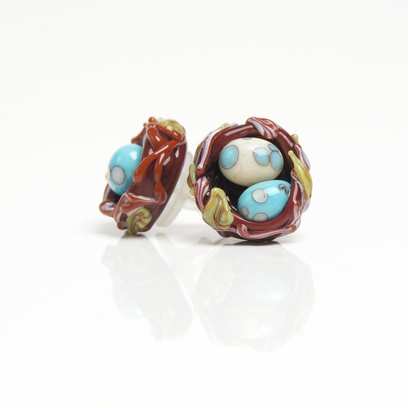 turquoise studs thrush eggs earrings turquoise earrings bird earrings nature earrings brown earrings Bird nest lampwork studs