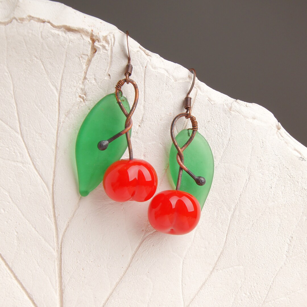 Cherry Earrings Dangle Glass Fruit Earrings Cherry Dangle Etsy