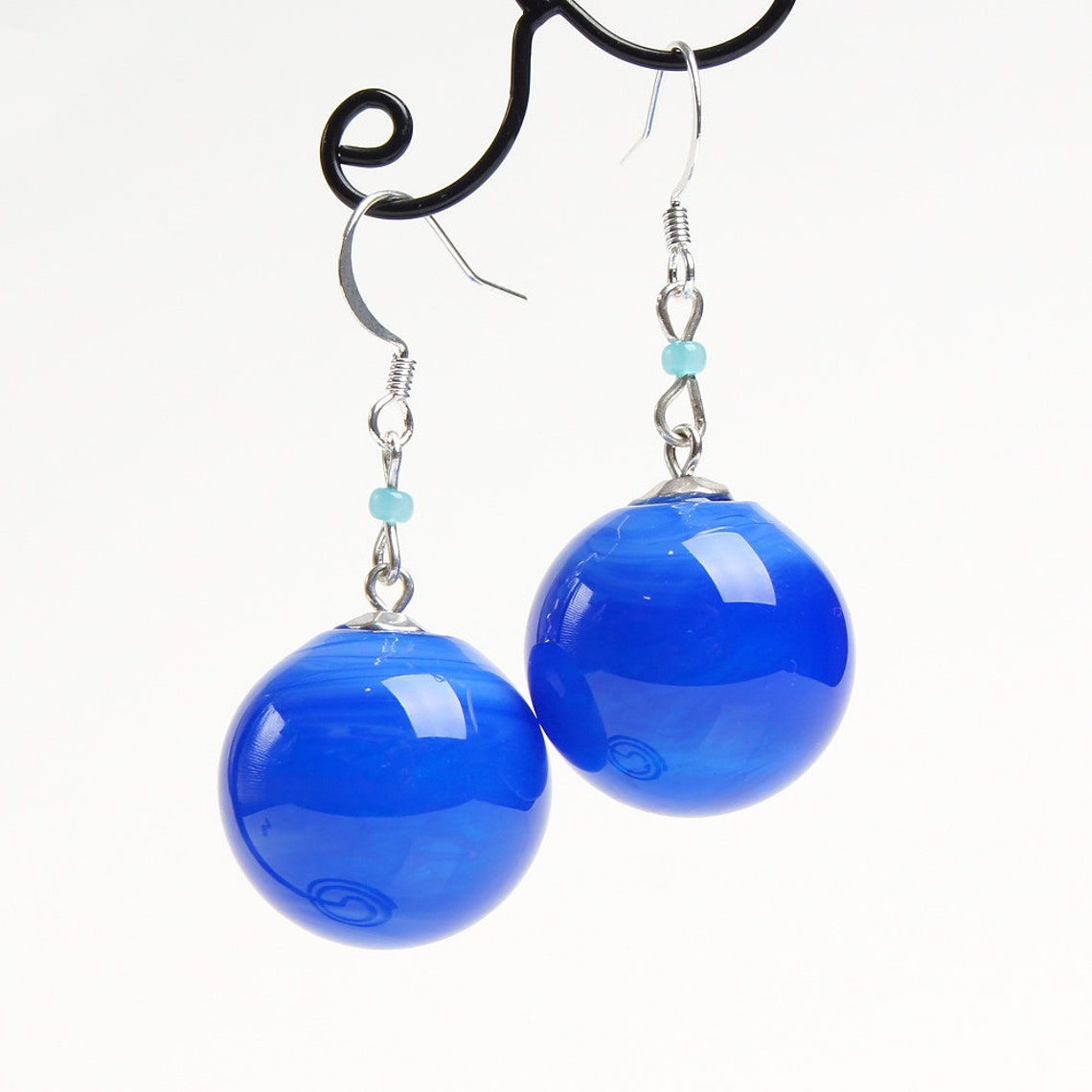 Blue ball dangle earrings Blue sphere earrings Blue drop Etsy