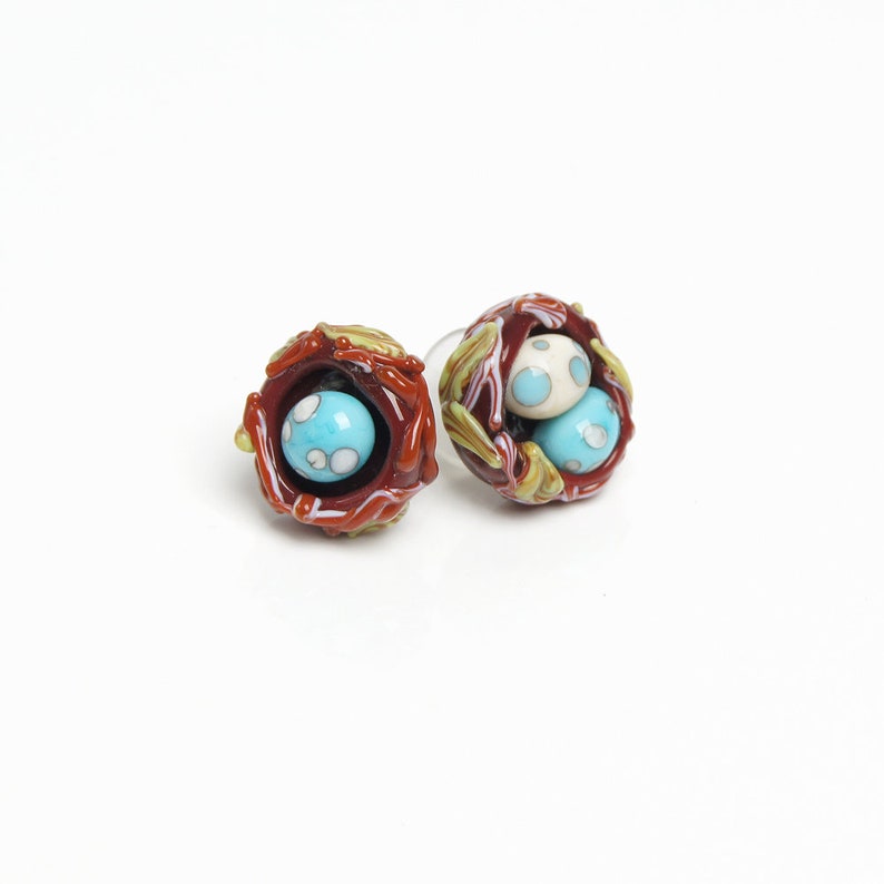 turquoise studs thrush eggs earrings turquoise earrings bird earrings nature earrings brown earrings Bird nest lampwork studs