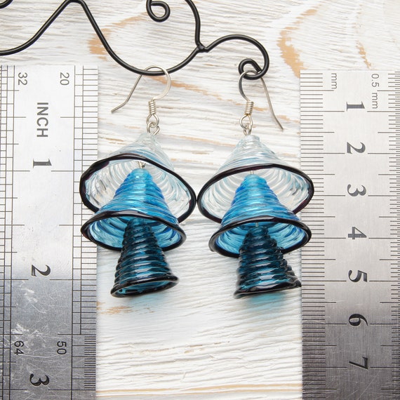 Light blue dangle earrings Aesthetic earrings Dark blue geometric earrings Fun unique earrings Blue earrings Glass bell handmade earrings