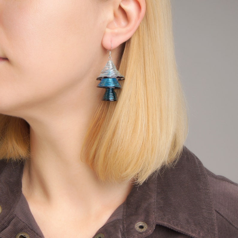 Light blue dangle earrings Aesthetic earrings Dark blue geometric earrings Fun unique earrings Blue earrings Glass bell handmade earrings