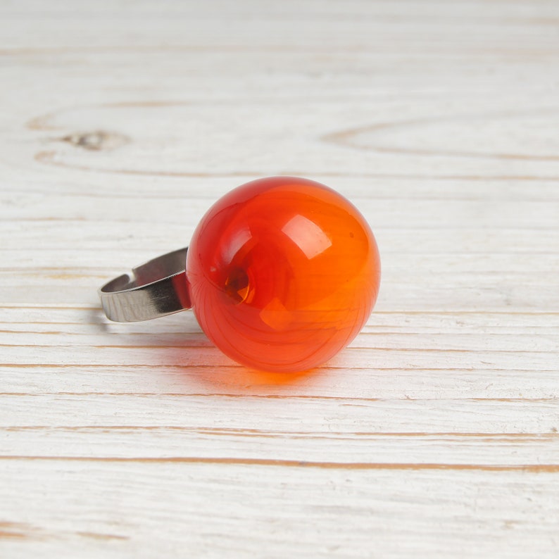 Bague boule rouge, bague bulle en verre tendance, bague rouge orange, bague boule creuse réglable au chalumeau transparent image 6