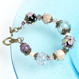 Purple flower girl bracelet gift Boho chunky bracelet for women Glass flower bracelet Floral bracelet Cute beaded bracelet Kawaii bracelet image 3