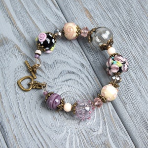 Purple flower girl bracelet gift Boho chunky bracelet for women Glass flower bracelet Floral bracelet Cute beaded bracelet Kawaii bracelet image 9