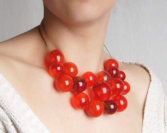 Large red necklace Red chunky necklace Red bib necklace Glass bubble necklace Big bead bold statement necklace Red glass ball necklace