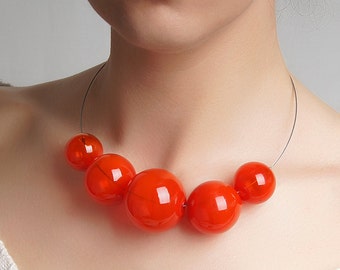 Unique red beaded bubble necklace • Chunky blown glass statement jewelry • Whimsical modern handmade fashion