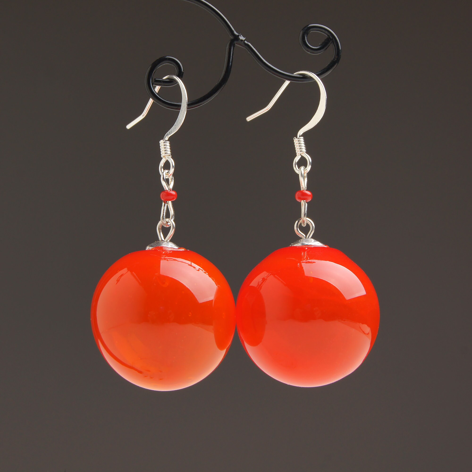Red ball earrings Dangle Red glass sphere earrings Red bubble Etsy