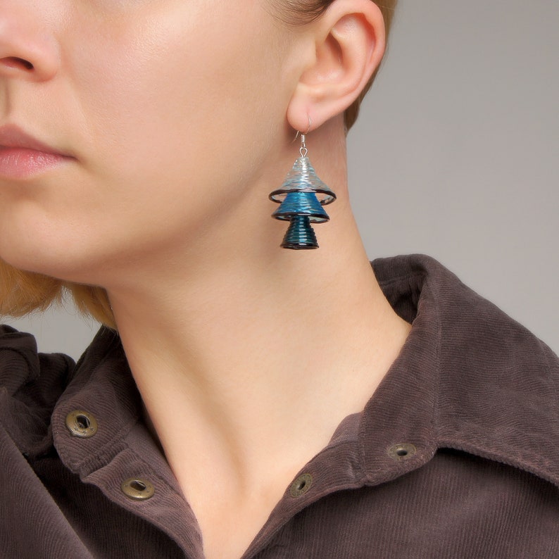 Light blue dangle earrings Aesthetic earrings Dark blue geometric earrings Fun unique earrings Blue earrings Glass bell handmade earrings