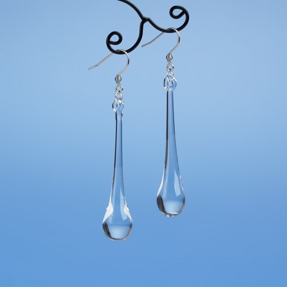 Elegant long teardrop earrings • Blown glass minimalist modern jewelry • Sculptural contemporary dangle water drop
