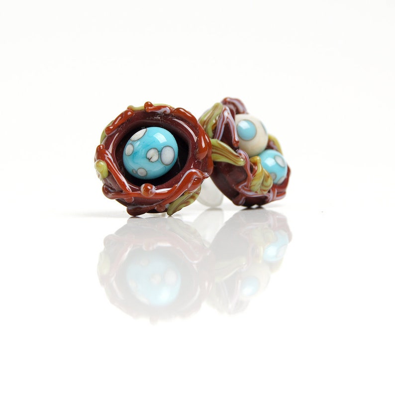 turquoise studs thrush eggs earrings turquoise earrings bird earrings nature earrings brown earrings Bird nest lampwork studs