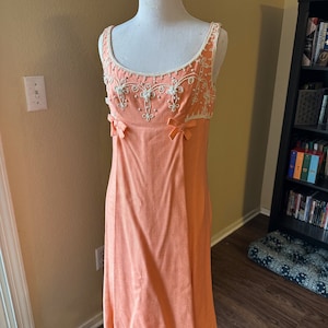 1960s peach tea empire waist linen embroidered beaded cocktail dress Hepburn style