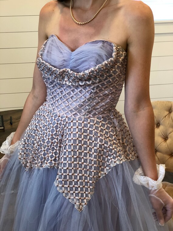 Blue and Pink 50s Party Dress, Vintage Lattice Pattern Periwinkle 1950s Prom Dress