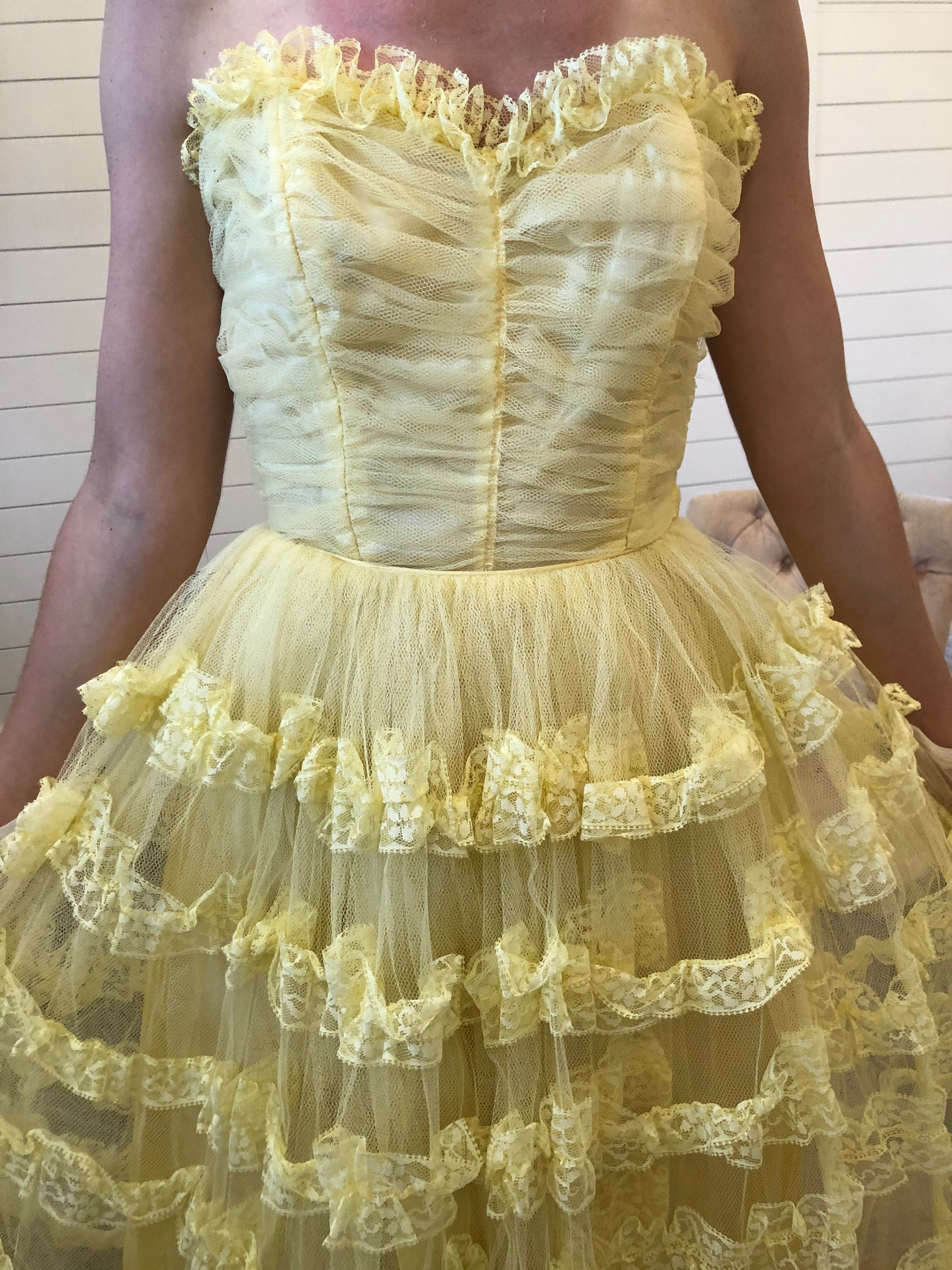 50s Yellow Ruffle Strapless Party Dress. Tiered Tulle and Lace Cupcake ...