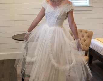 1950s tulle wedding dress, prairie of the shoulder ruffle wedding dress, vintage 50s tea length bridal gown