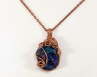 Copper wire wrapped peacock ore necklace, powerful healing crystal necklace, raw energy stone necklace, titanium blue color, unique gift.