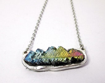 Custom wrapped raw rainbow bismuth necklace, flat back bismuth bar necklace, free form raw crystal stone necklace, powerful healing necklace