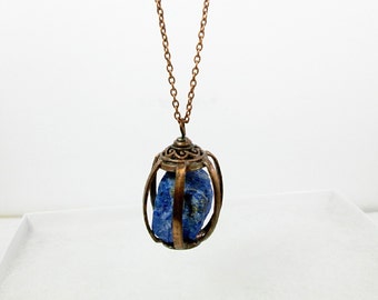 Raw lapis lazuli pendant necklace, rough cut floating stone in handmade copper cage pendant, raw lapis and copper energy pendant gift.