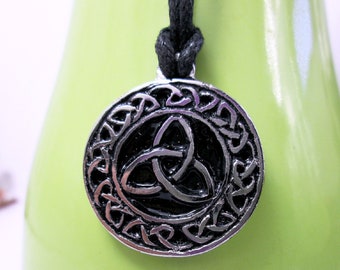 Celtic Trinity Knot Triquetra Necklace, circle pewter pendant with black background, adjustable cotton cord, Scottish Irish Celtic Jewelry.