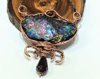 Peacock ore teardrop necklaces, gold or copper wire wrapped natural healing stones, one of a kind handmade unique gifts for someone special