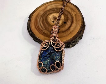 Peacock ore pendant necklace, copper wire wrapped two side energy pendant, powerful healing crystal necklace, unique raw stone necklace