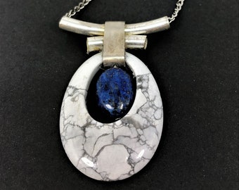 White turquoise and lapis multi gemstones oval pendant necklace, unique handmade with artistic silver curve tubes hanger bail, gift for her