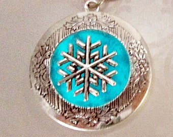Silver snowflake necklace locket, glow in the dark snowflake pendant, winter necklace, frozen snowflake memorial photo locket, holiday gifts