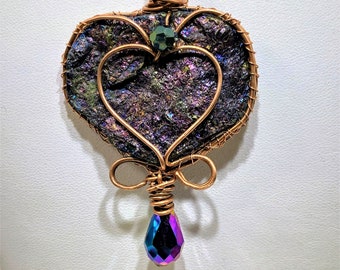 Large purple heart peacock ore copper wire wrapped pendant with teardrop necklace, double hearts design, handmade unique gifts for wife