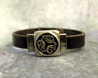 Mens Leather Bracelet, Nehalennia Celtic Jewelry, Dolphin Bracelet, Traveller Protection Bracelet, Scottish Irish Celtic Spiritual Gift