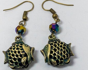 3D Kissing Fish Earrings Filigree Fish Earrings Vintage Bronze Patina Big Mouth Fish Dangle Earrings Filigree Jewelry Fish Gift for Her