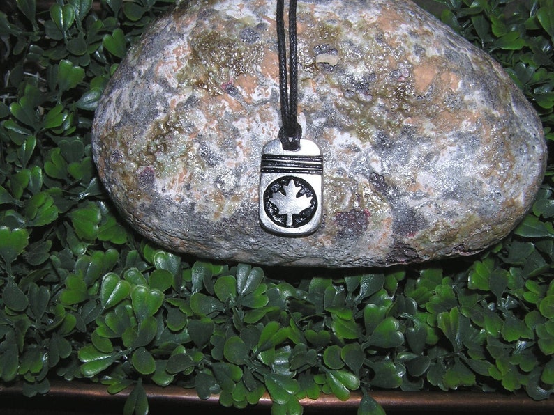 Handmade pewter maple leaf pendant necklace, rectangular shaped, on black cord or silver color metal chain. For man or woman.