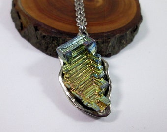 Gold Bismuth Leaf Pendant Necklace, Custom Wrapped Flat Back Bismuth Crystal Necklace, Powerful Energy Healing Crystal Bismuth Jewelry Gift