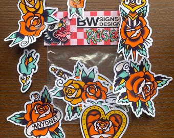 Paquete de pegatinas de rosas de tatuaje tradicional
