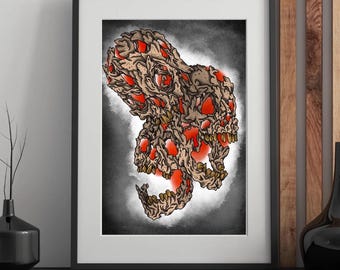 Impresión digital A3 de tatuaje tradicional de tres calaveras