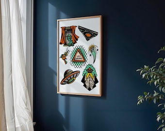 Lámina digital A3 con diseños de tatuajes tradicionales de extraterrestres.