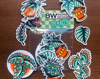 Paquete de pegatinas de plantas de interior con tatuajes tradicionales