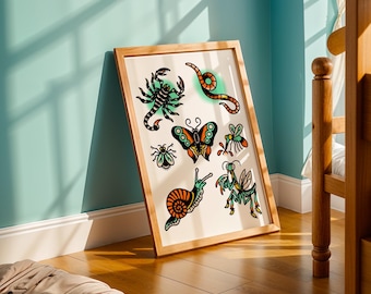 Lámina digital A3 con diseños de tatuajes tradicionales de insectos.