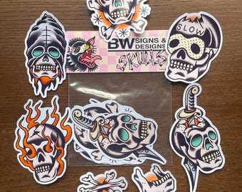 Paquete de pegatinas de calaveras con tatuajes tradicionales