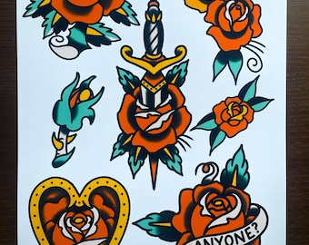 Hoja de tatuaje tradicional de rosa, impresión digital A3