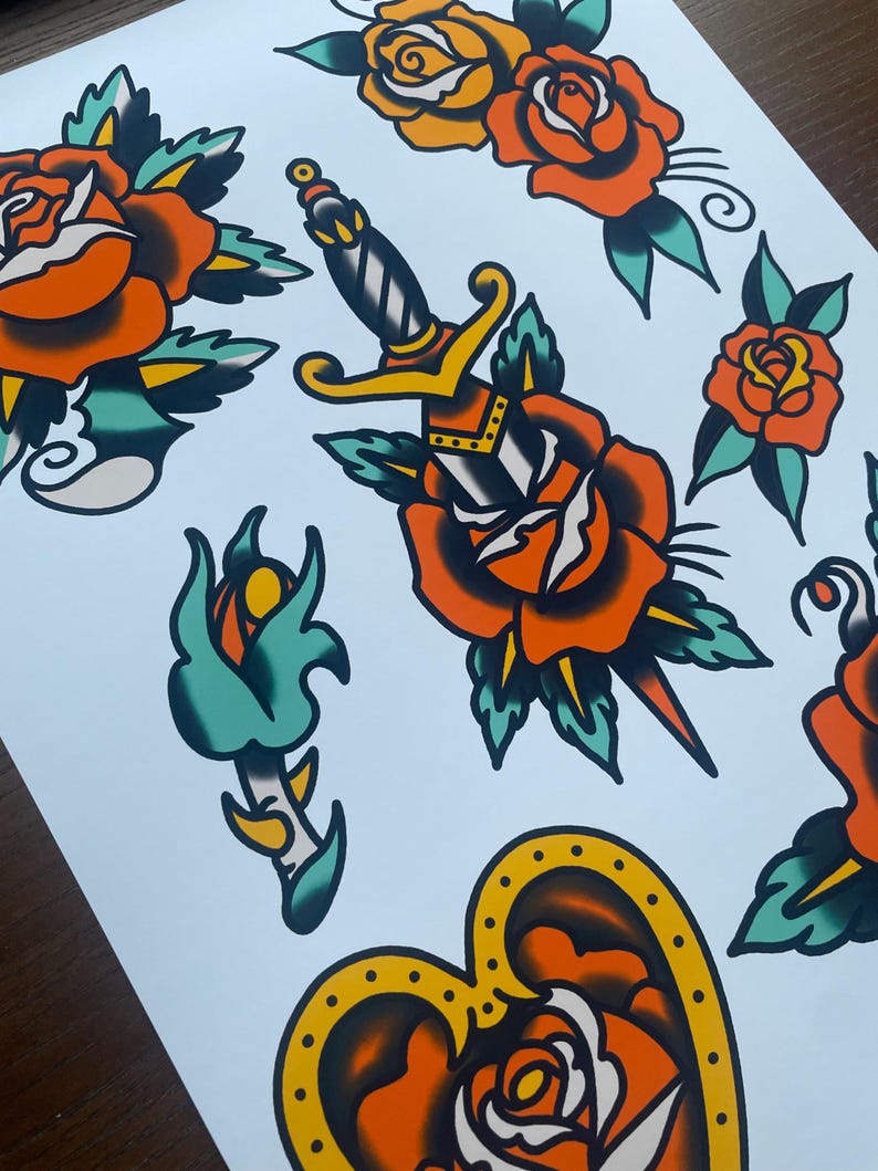 Rose Traditional Tattoo Flash Sheet Digital A3 Print - Etsy