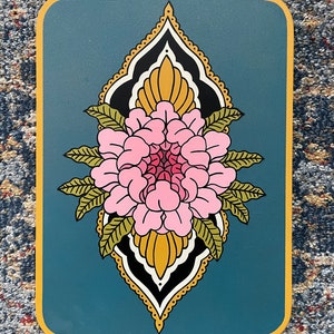 Tibetan Buddhist Peony Hand Painted Wall Mounted Plaque