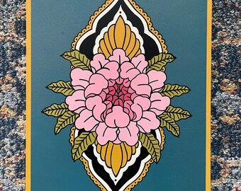 Peonía budista tibetana pintada a mano Placa montada en la pared