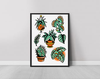 Impresión digital A3 de planta de interior estilo tatuaje tradicional