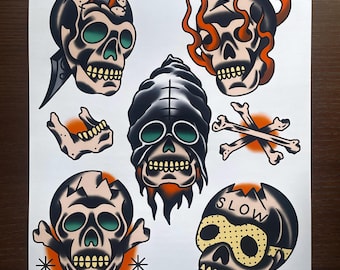 Hoja de tatuaje tradicional de calavera, impresión digital A3