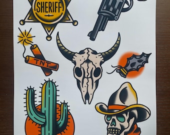 Hoja de tatuaje tradicional de vaquero, impresión digital A3