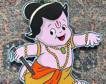 Bebé Krishna Kewpie, madera recortada pintada a mano para colgar en la pared