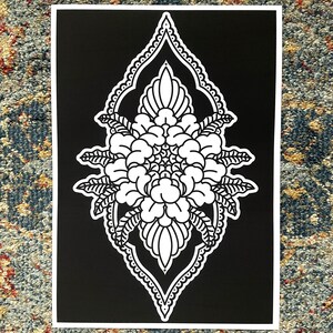 Black and White Tibetan Peony Mandala digital A3 print