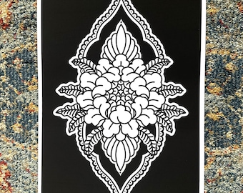 Impresión digital A3 de Mandala de peonía tibetana en blanco y negro