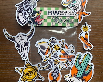 Paquete de pegatinas de tatuajes tradicionales de vaqueros del lejano oeste