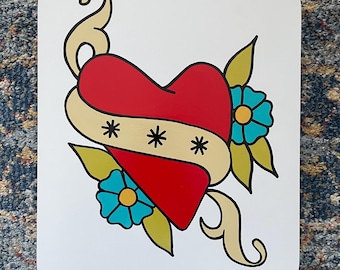 Tenture murale audacieuse, coeur et bannière de style tatouage traditionnel peint à la main